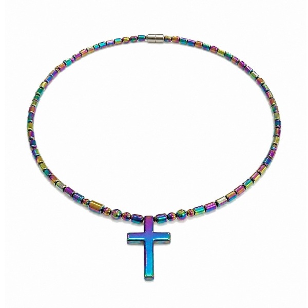 Rainbow Medium Cross Hematite Magnetic Necklace | Iridescent Beads #440